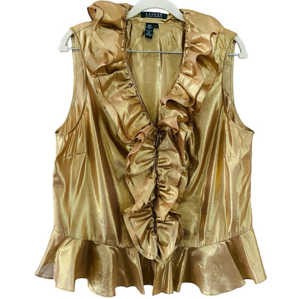 Ralph Lauren Silk Blend Metallic Gold Ruffled Sleeveless Peplum‎ Blouse Size XL